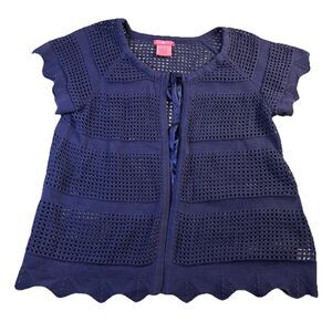 Woman Within Blue Open Knit Tie Neck Cardigan Top Boho Cottage Beachy Size L